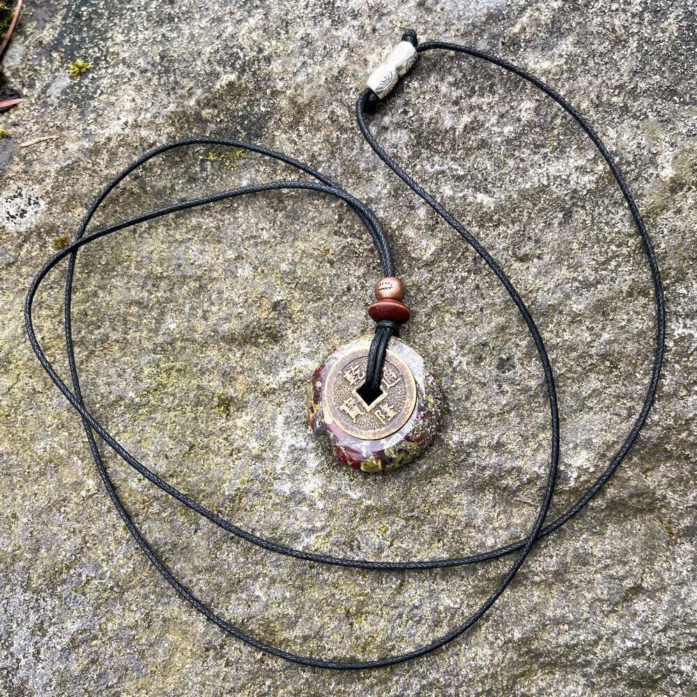 Dragon’s Blood Jasper and Lucky Coin Pendant Necklace | Handmade - Picture 4 of 5